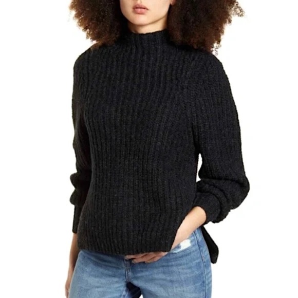 New Leith Chunky Knit Mock Neck Side Slit Sweater Black Multi Size XXS - Picture 1 of 16